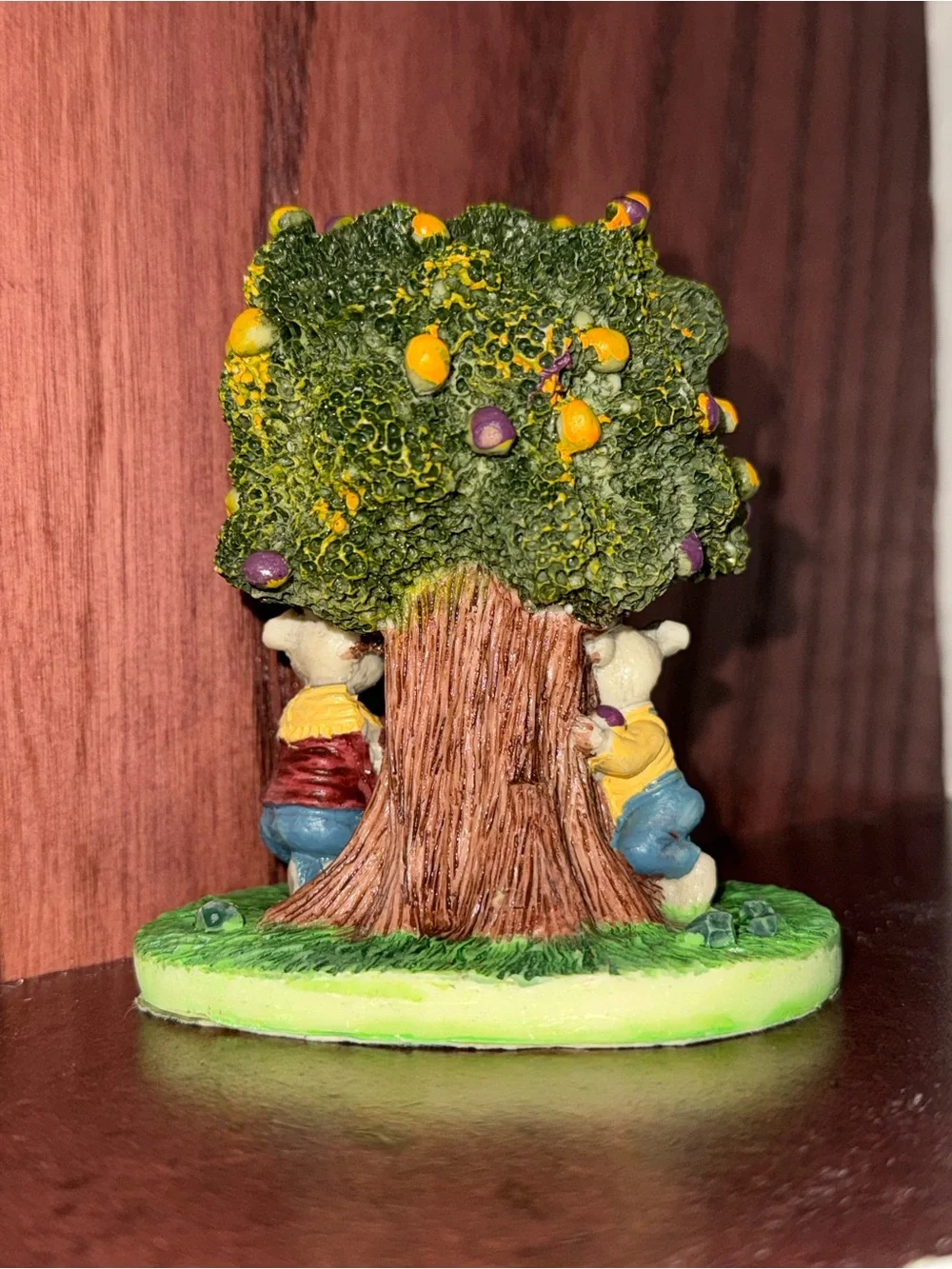 Whimsical Green Tree Clock Figurine with Rabbits